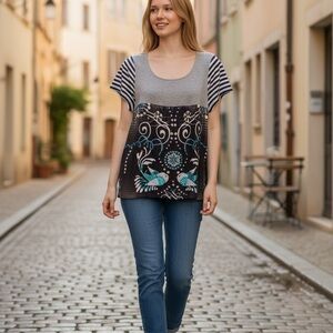 Custo Barcelona Mixed-Print Scoop Neck Top in Gray, Navy and Teal